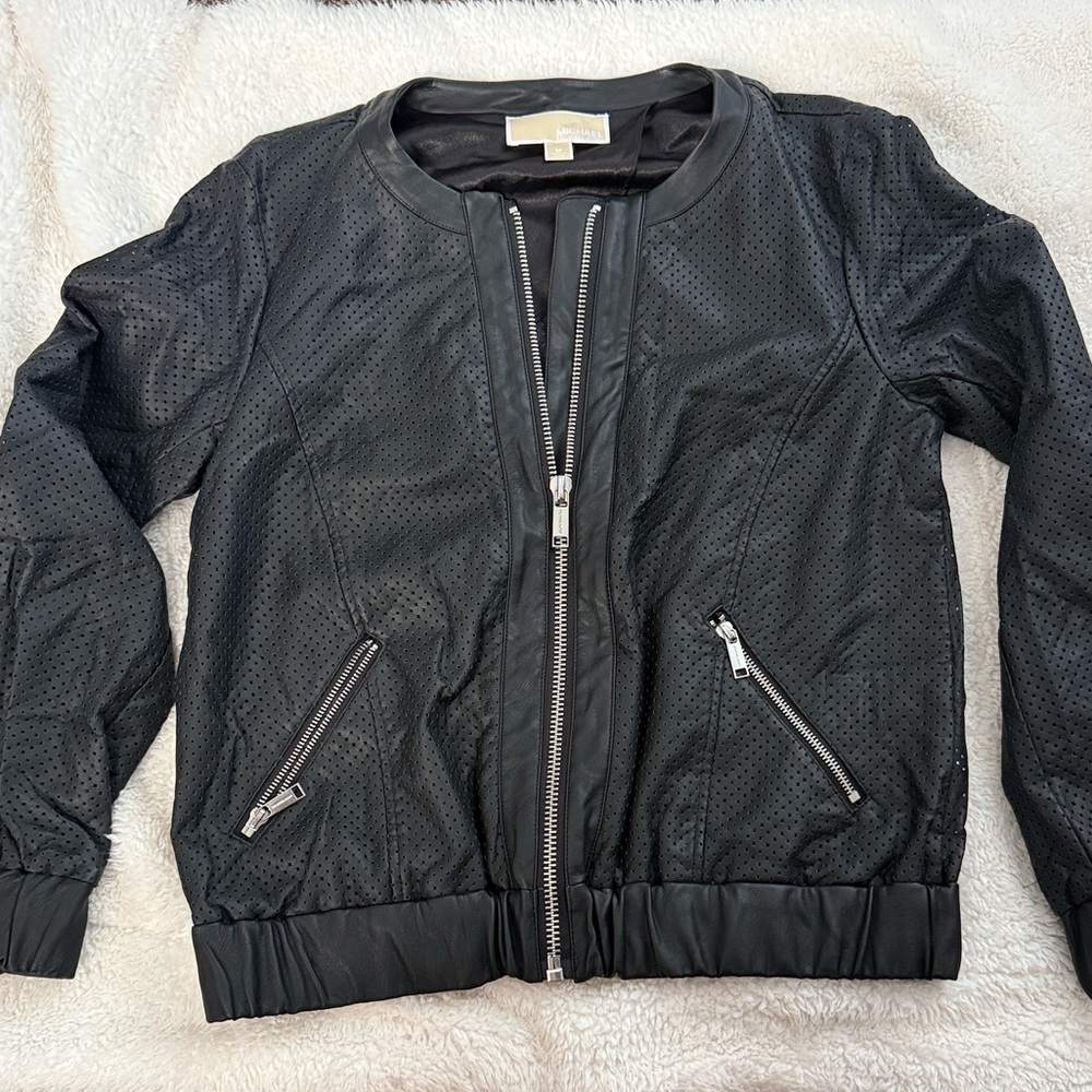 Michael Kors Black Perforated Leather Bomber
